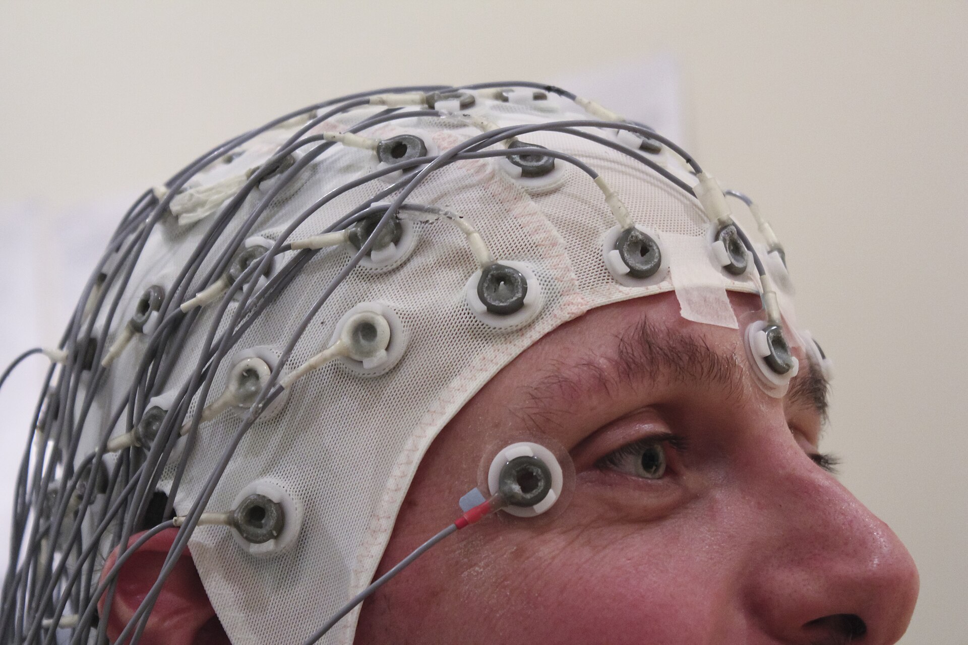 Un casque d’électroencéphalographie (EEG) posé sur la tête d’un participant